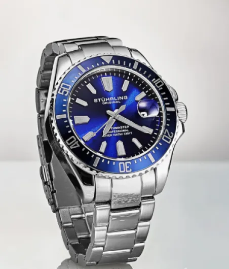 Stuhrling Original Men's Watches Pro Dive Watch Sports Watch with 42 MM Case Blue Dial Stainless Steel Silver Bracelet Diving Watch for Men