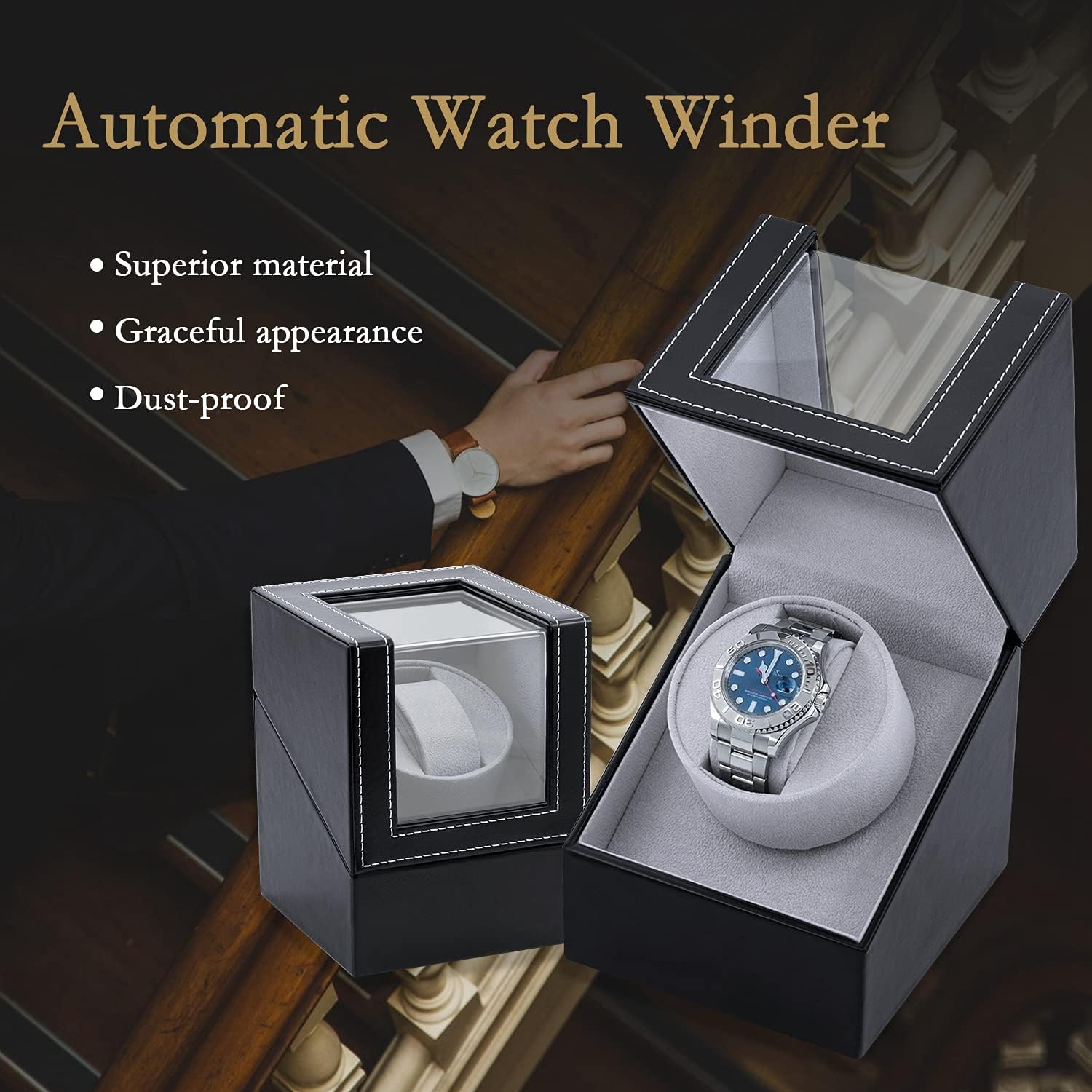 Automatic Watch Winder Box PU Quad Single Automatic Watch Display Storage Wristwatch Black
