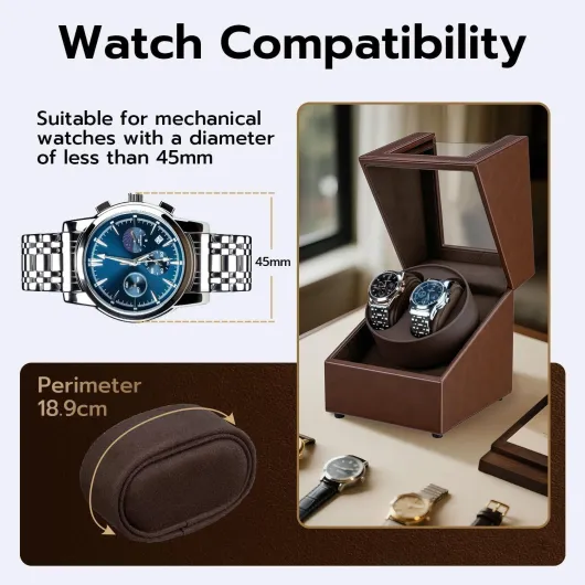 Double Automatic Watch Winder Box, Automatic Watch Display Storage Rotation Wristwatch Box with 2 Slots-Brown