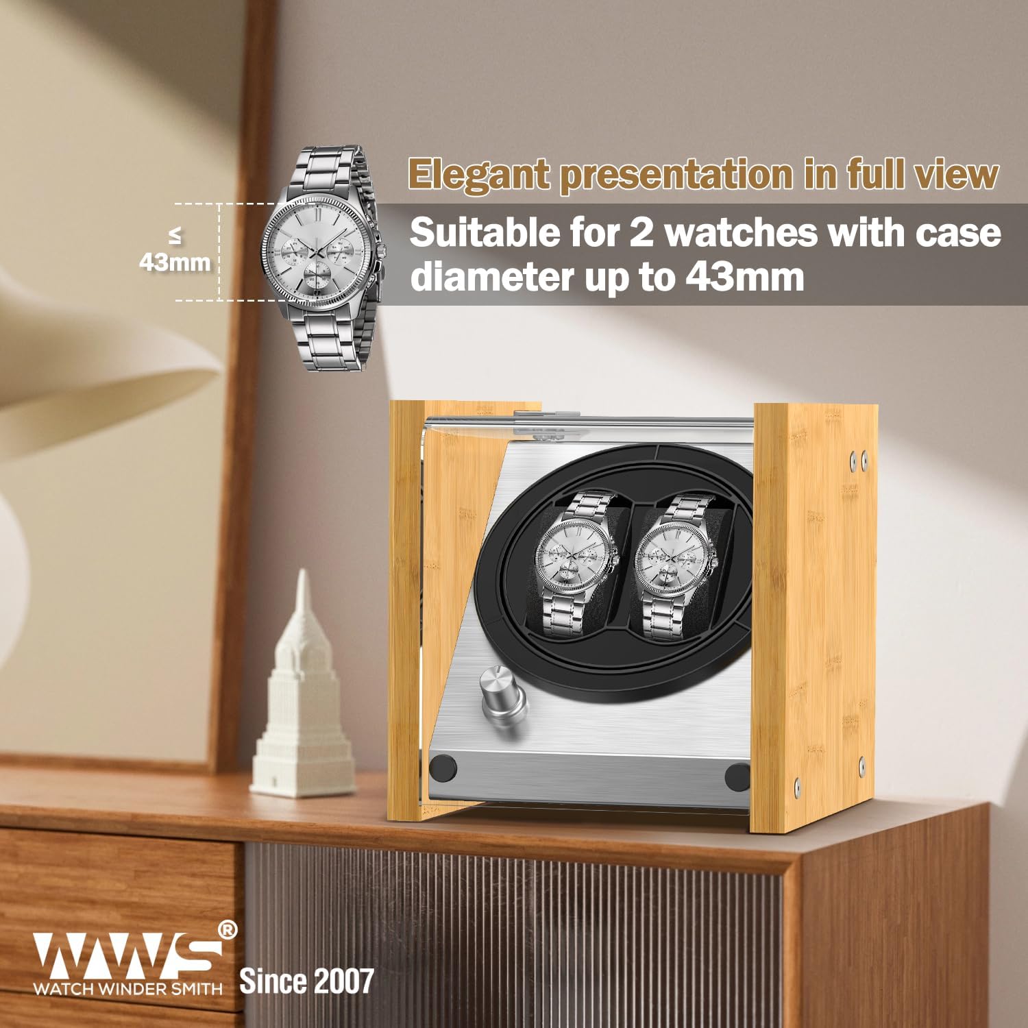 Watch Winder Box for Automatic Watches or Compatible with Couple Size Double, Craftsmanship 100% Bamboo Wood Patent Housing Case, ACor Battery Powered Super Quiet Japanese Motor Bamboo Yellow-b1