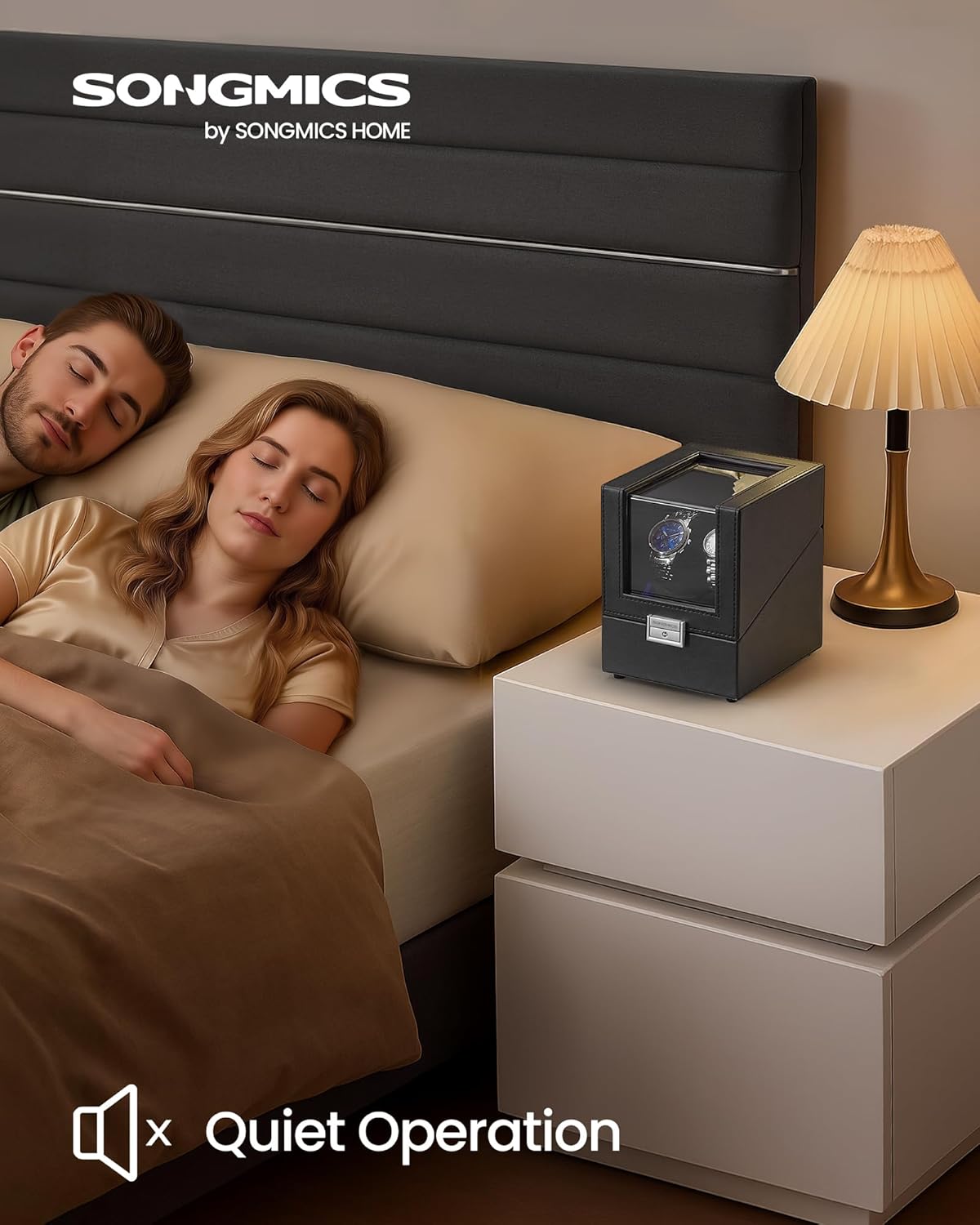 Automatic Double Watch Winder Box with Quiet Motor, for 2 Watches, with LED Light, Adjustable Pillow, Lock, 4 Winding Settings, Includes a USB-C Charging Cable, Black JWB031B01