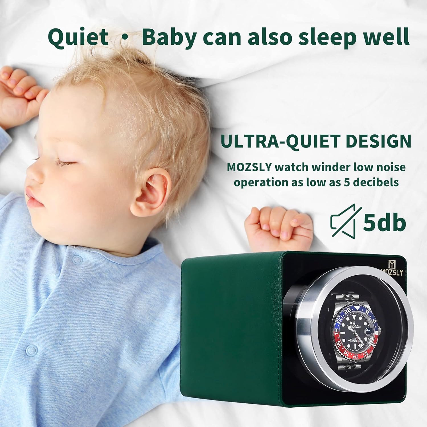 Single Watch Winder for Automatic Watches with Quiet Motor 12 Rotation Mode Setting Leather Green