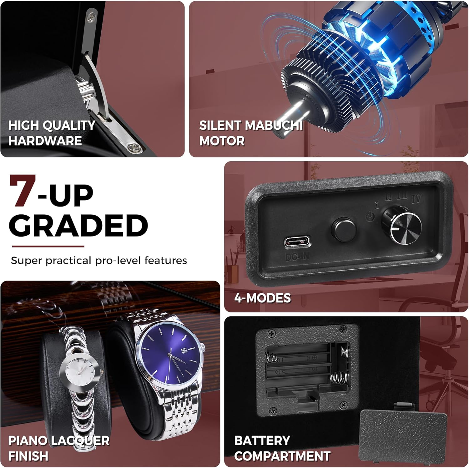 Watch Winder for 2 Watches,Double Automatic Watch Winder Box with Quiet Motor,LED Light,5 Rotation Modes,Auto-Stop Lid Sensor,Red Wooden Piano Finish,Battery or Type-C Adapter Powered,JWW001Y