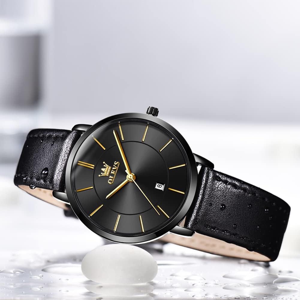 Women Wrist Watches Ultra Thin 6.5mm Minimalist Business Dress Waterproof & Date White Leather Strap Slim Watches for Women Black Leather&black Dial