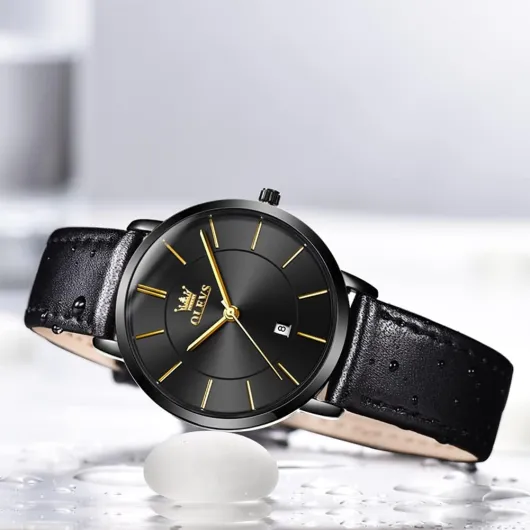 Women Wrist Watches Ultra Thin 6.5mm Minimalist Business Dress Waterproof & Date White Leather Strap Slim Watches for Women Black Leather&black Dial