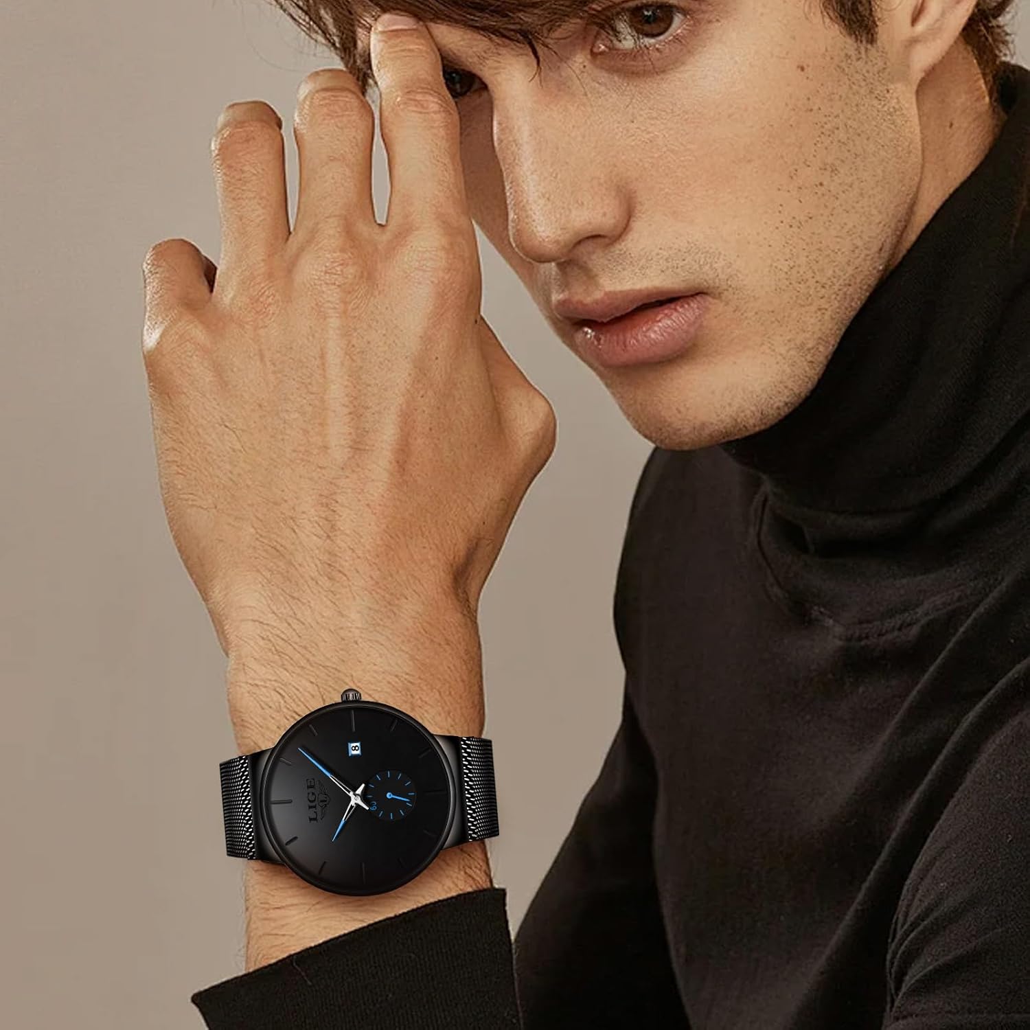 Mens Watch Waterproof Wrist Gents Black Vintage Watches for Men 3ATM Water-Resistant Quartz with Date Stainless Steel Business Casual Retro Minimalist Analog Thin Wristwatch Blue Black
